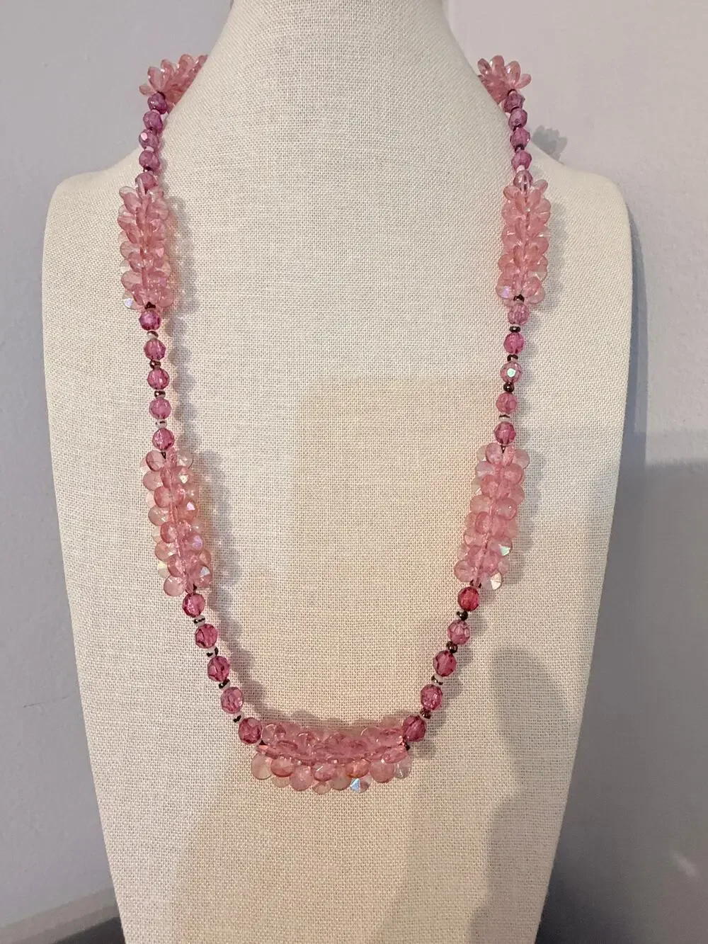 Vintage Pink Faceted Beaded Statement Necklace 28”